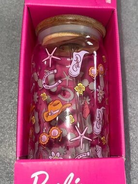Barbie Pink Glass Jar with Beach Motif and Wooden Lid